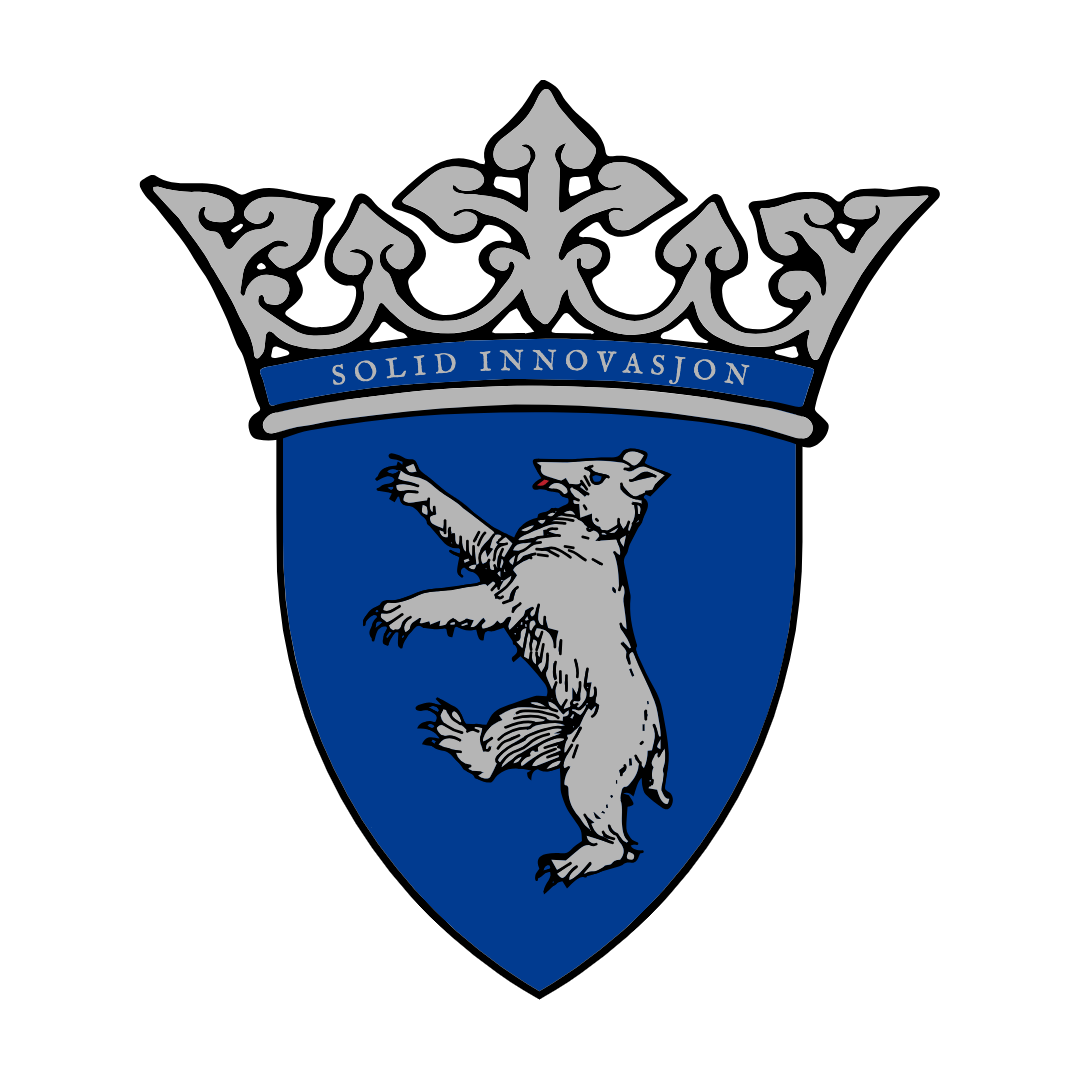 Logo of Solid Innovasjon, featuring a heraldic blue shield with a gray bear standing upright and a silver crown above. A banner on the crown reads “SOLID INNOVASJON,” symbolizing strength, innovation, and tradition, as used by SolidInnovasjon.no.